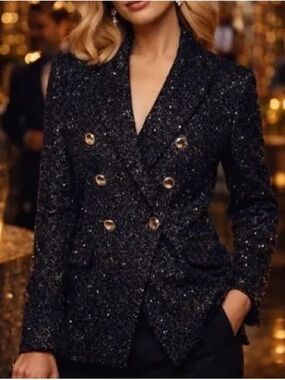 House of Harlow Tailored Black Tweed Double-Breasted Blazer Jacket